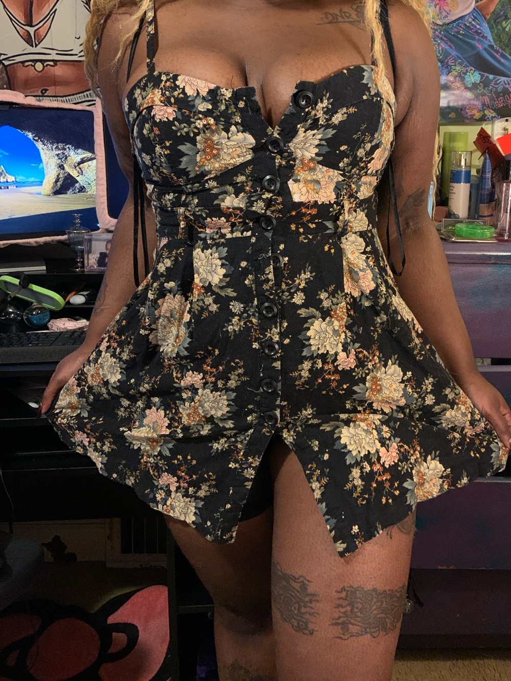 Black Floral Button-Front Bustier Dress